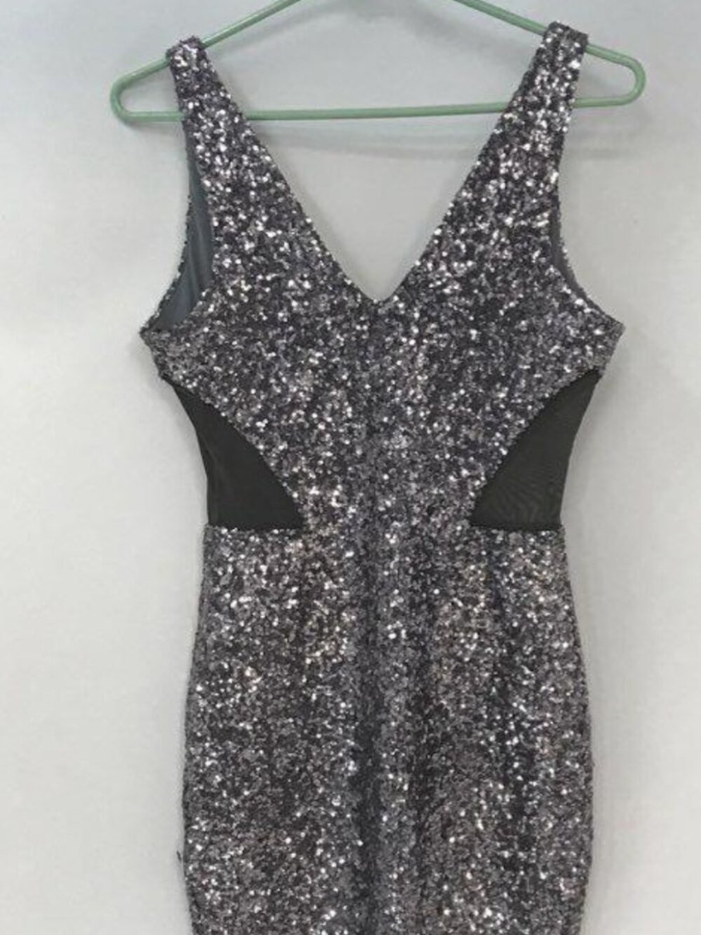 BEBE Silver Rhodium Sequin Mesh Cutout Mini Dress - S - Picture 2 of 5
